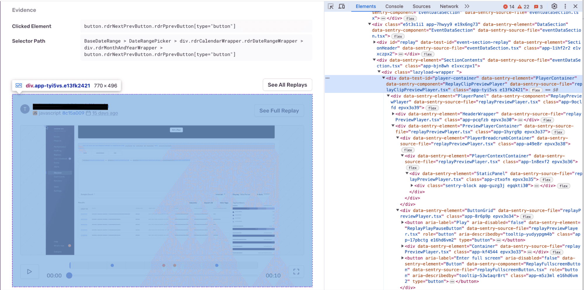 Chrome DevTools showing the data-sentry-component, data-sentry-element, and data-sentry-source-file annotations within the Elements panel